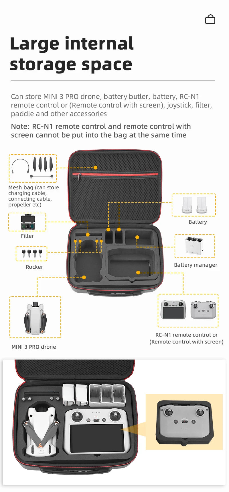 large internal storage space Can store MINI 3 PRO drone, battery butler, battery, RC