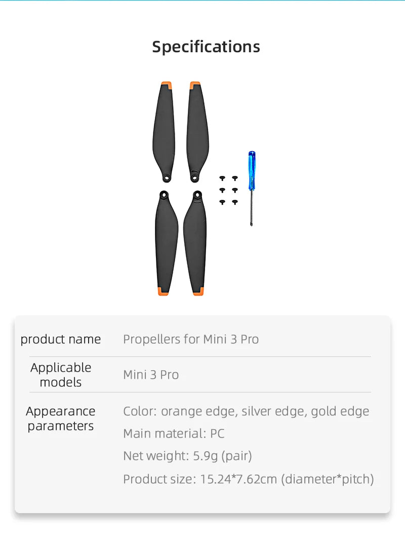 Propeller für DJI MINI 3 PRO Drohne – 6030 Requisiten, Klingenersatz, leichte Flügelventilatoren, Ersatzteile für MINI 3 Zubehör 8 Propeller for DJI MINI 3 PRO Drone, Specifications product name Propellers for Mini 3 Pro Applicable mini 3 Pro models App
