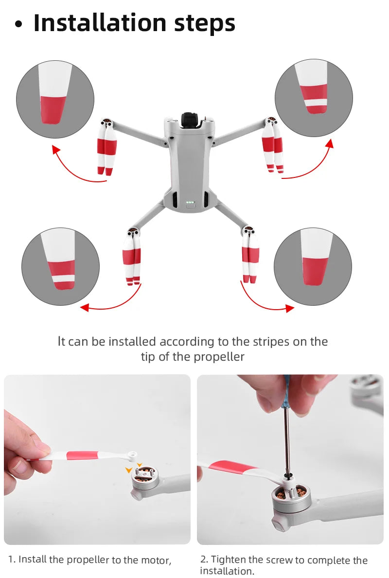 16PCS Replacement Propeller, installation steps It can be installed according to the stripes on the tip of the propeller .