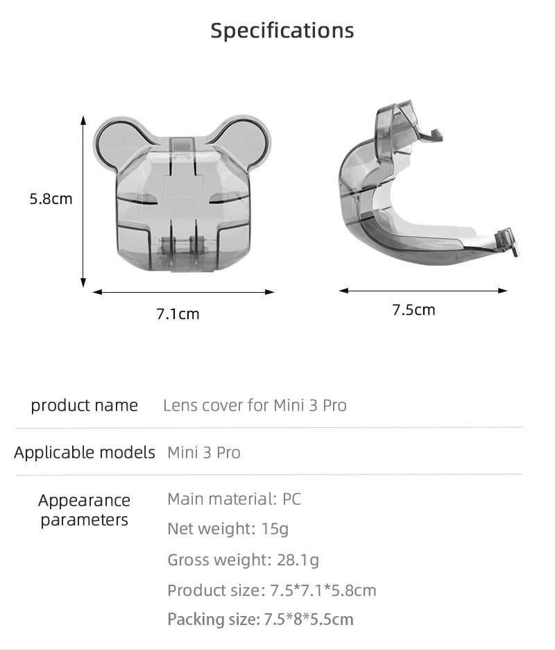 Camera Lens Cap for DJI MINI 3 PRO Drone, Specifications 7.Icm 7.Scm product name Lens cover for Mini 3 Pro App