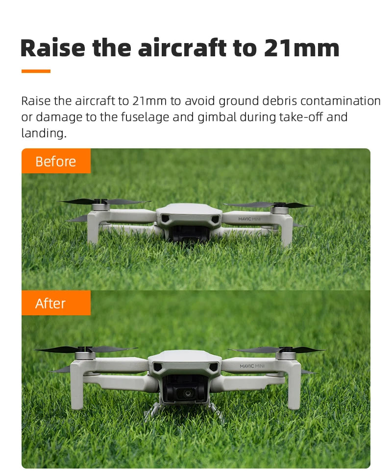 Landing Gear for DJI Mavic MINI 1/2/SE Quick Release Height Extended Bracket Stand Feet Leg Support Drone Accessories 12 Landing Gear, Raise the aircraft to 21mm to avoid ground debris contamination or damage to the fuselage and
