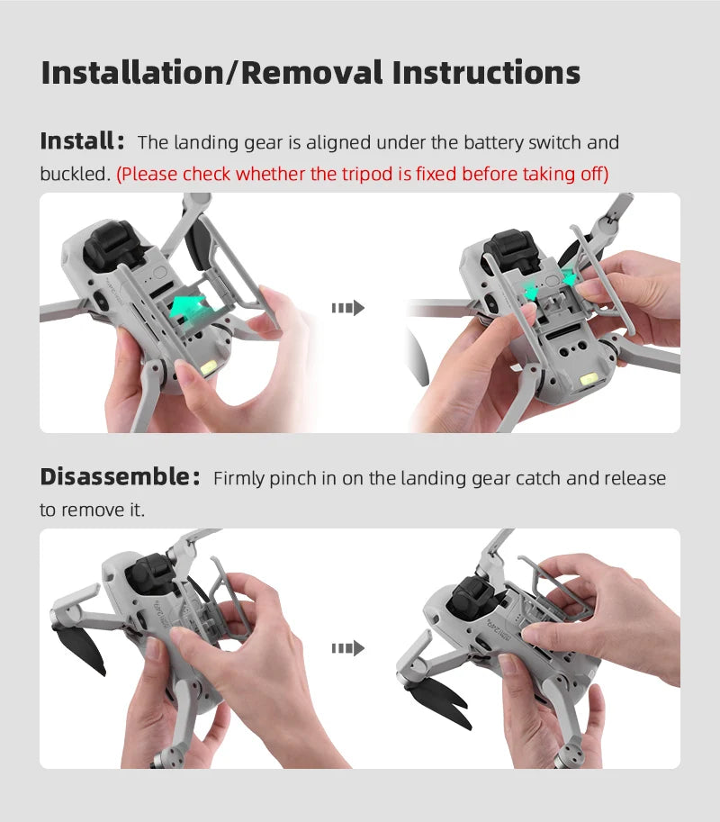 Landing Gear for DJI Mavic MINI 1/2/SE Quick Release Height Extended Bracket Stand Feet Leg Support Drone Accessories 18 Landing Gear, landing gear is aligned under the battery switch and buckled . (Please check whether