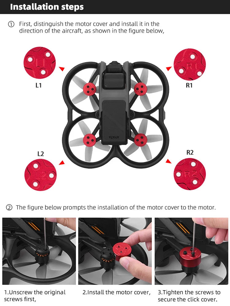 Motor Cover Cap for DJI Avata, installation steps First, distinguish the motor cover and install it in the direction of the aircraft .