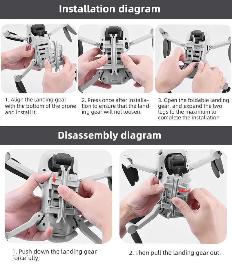 Foldable Heightening Landing Gear, installation diagram 1. Align the landing gear 2. Press once after installa - 3. Open the