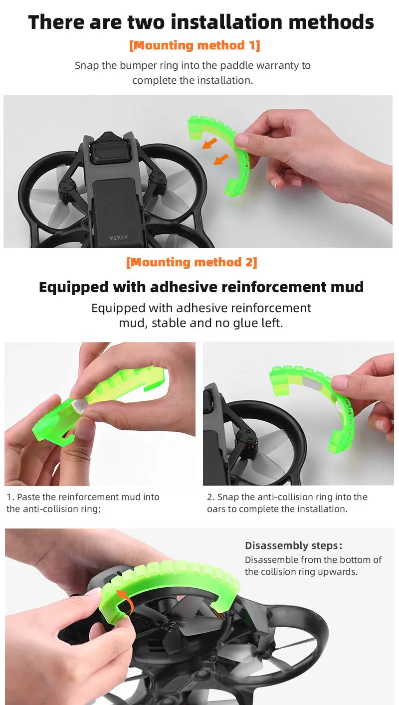 Propeller Guard for DJI AVATA Drone, there are two methods of installation: [Mounting method 1] Snap the bumper 
