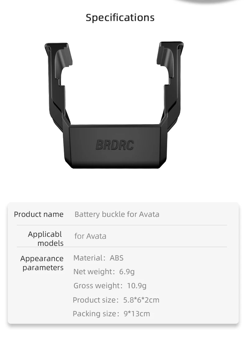 Propellerschutz für DJI AVATA Drone – Stoßstange, Antikollisionsstangenringe, Propellerschutz, Anti-Fall-Schutzabdeckung, Zubehör 21 Propeller Guard for DJI AVATA Drone, Specifications BRDRC Product name Battery buckle for Avata Applicabl for A