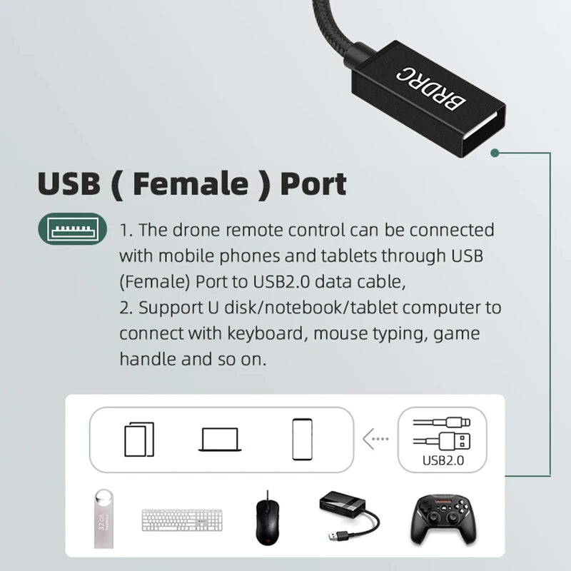 the drone remote control can be connected with mobile phones and tablets through USB (Female)