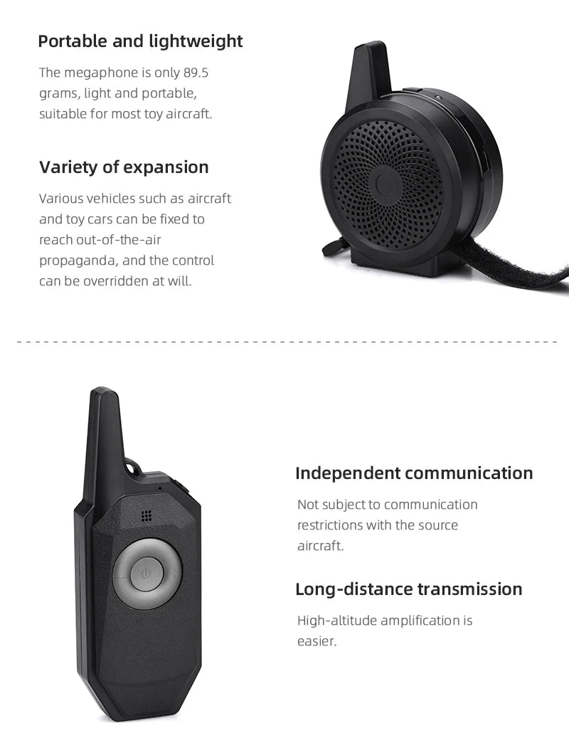 Universal Wireless Loud Speaker Megaphone for DJI Mavic 3 Mini 1 2 SE Pro Air 1 2 2S Spark 2 Pro Zoom FIMI X8 Zion SG906 ICAT 2 11 Universal Wireless Loud Speaker, megaphone is only 89.5 grams, light and portable; suitable for most toy aircraft