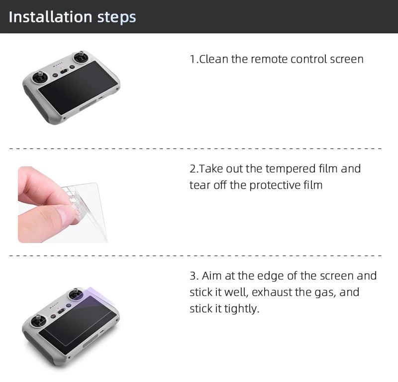 Anti-UV-Hartglasfolie für DJI Mini 3 PRO-Fernbedienung mit Bildschirm, HD-Folie, Schutzfolie, kratzfestes Zubehör 16 the remote control screen needs to be cleaned . the tempered film must be removed .