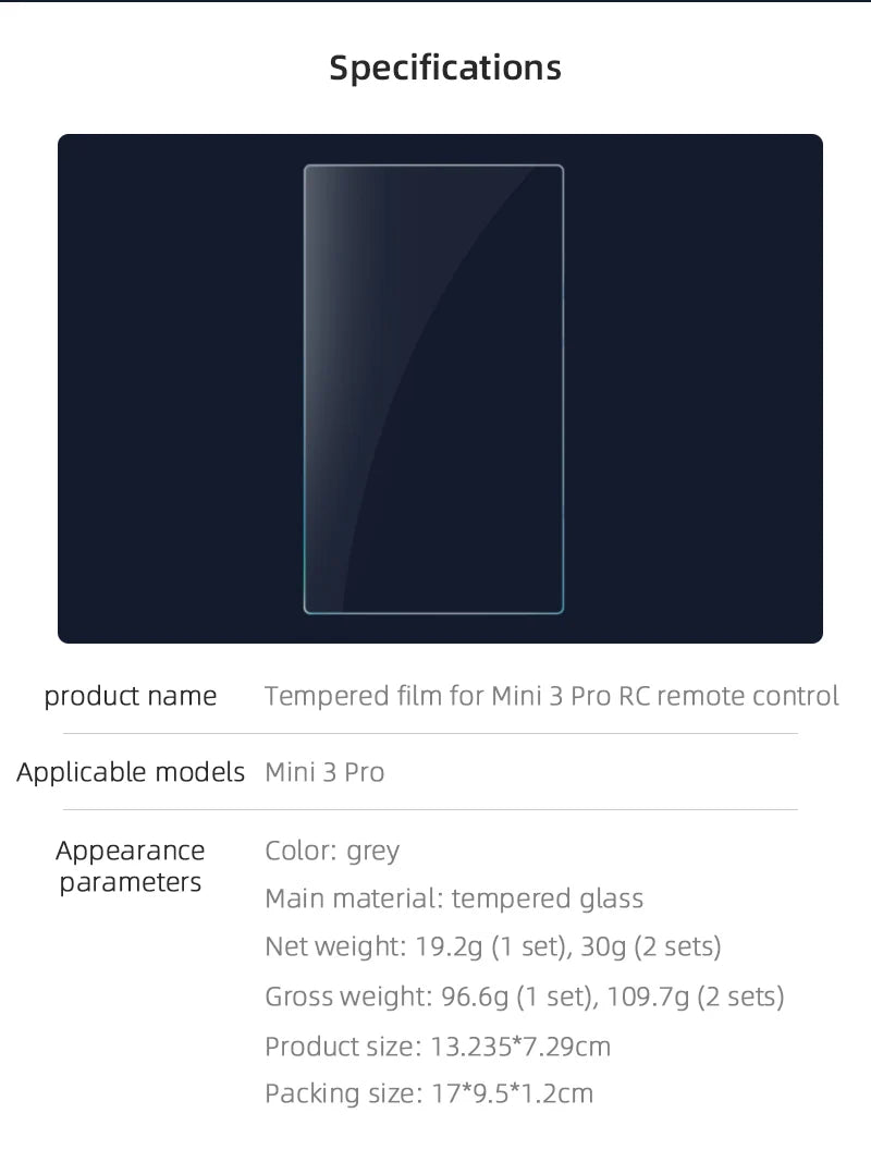 Gehärtete Glasfolie für DJI MINI 3 PRO mit Bildschirm-Fernbedienung, explosionsgeschützte HD-Folien, DJI RC-Zubehör, Schutzfolie 13 Specifications product name Tempered film for Mini 3 Pro RC remote control Applicable models