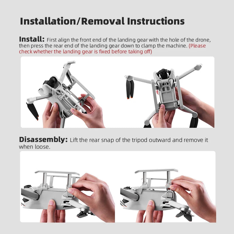 Foldable Landing Gear, landing gear aligns with the hole of the drone, then press the rear end down to clamp