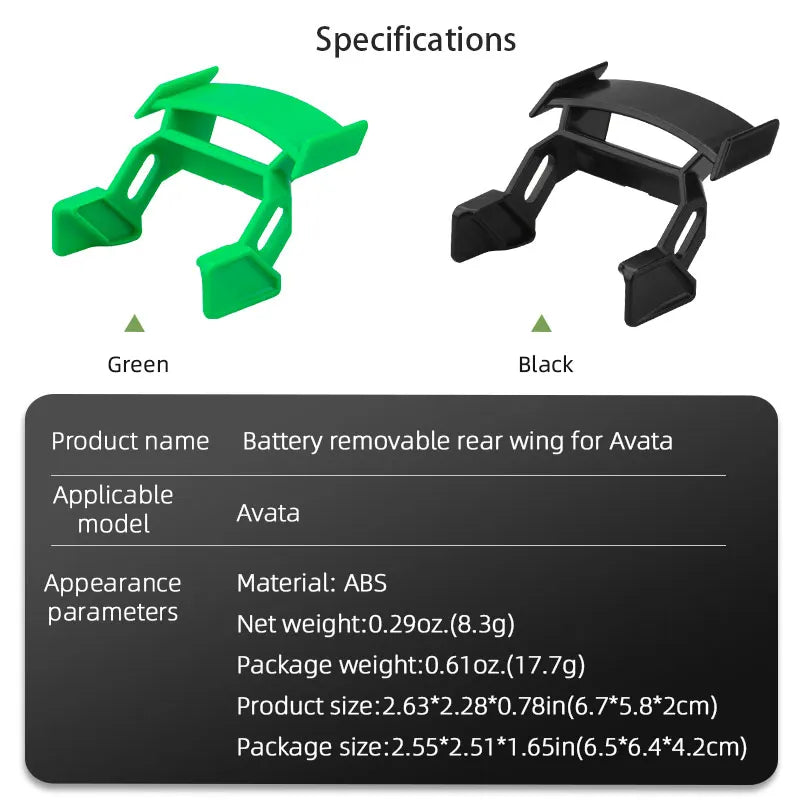 Flight Tail für DJI Avata – Batterieschutzabdeckung Flying Tail Batterie Schnellverschluss-Demontageclip Drohnenzubehör 14 Flight Tail for DJI Avata, Specifications Green Black Product name Battery removable rear wing for Avata Applicable