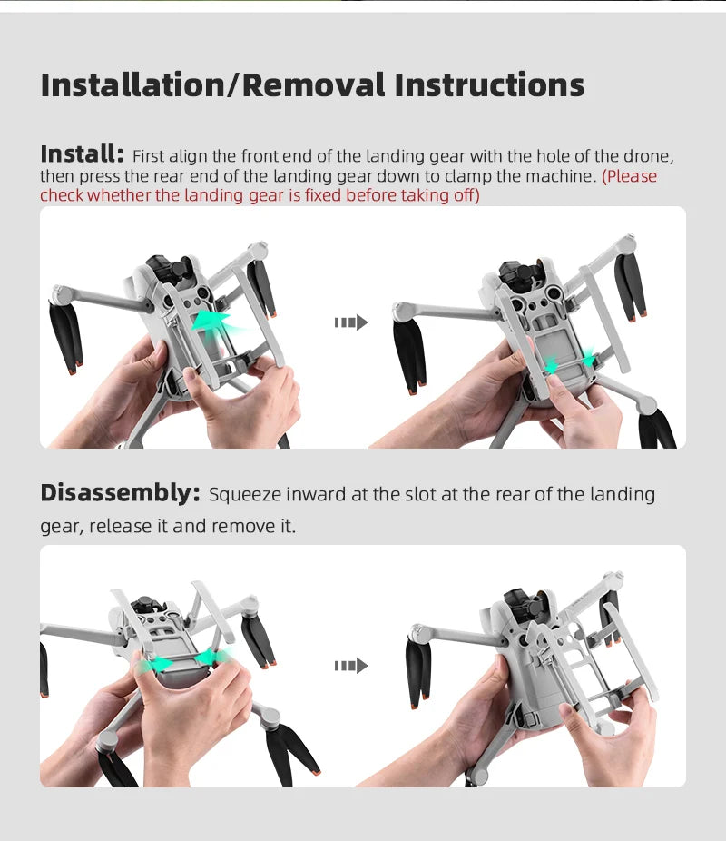 Landing Gear for DJI Mini 3 PRO Drone, landing gear aligns with the hole of the drone, then press the rear of the landing gear