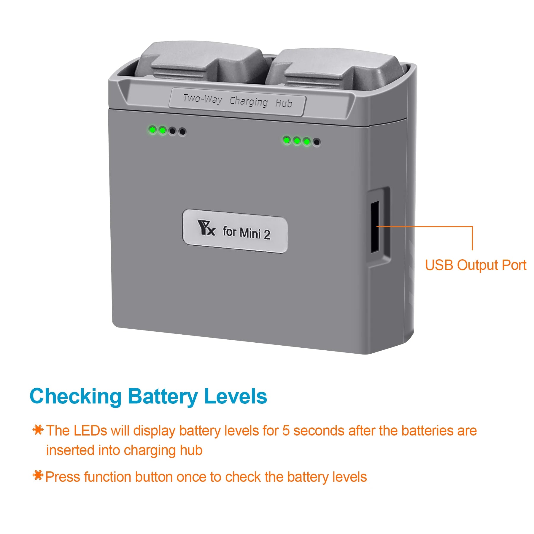 Mini 2/Mini SE Batterieladegerät Zwei-Wege-Ladestation Drohnenbatterien USB-Ladegerät für DJI Mini 2/Mini SE Zubehör Modulare Batterie 15 the LEDs will display battery levels for 5 seconds after the batteries are inserted into charging hub