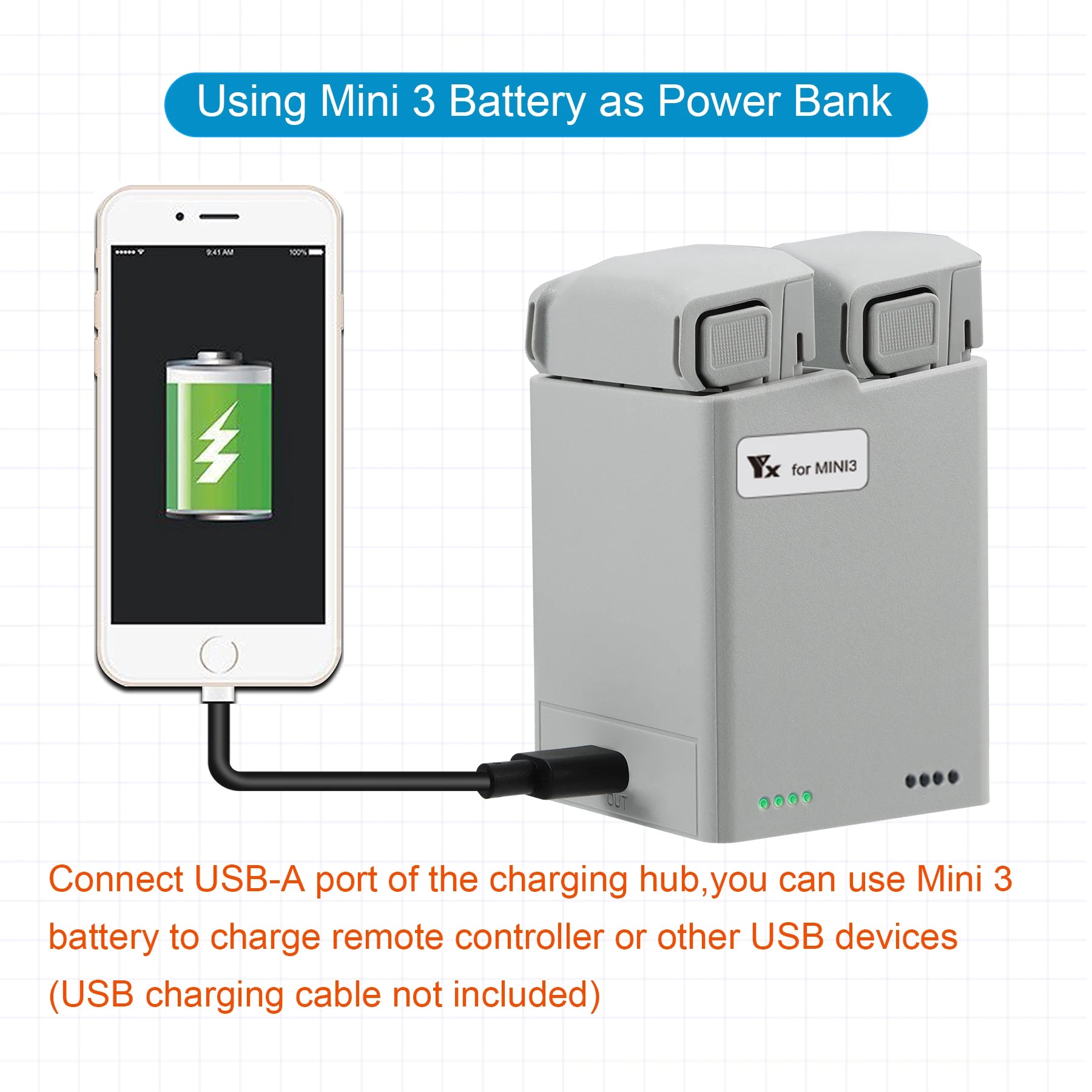 Mini 2/Mini SE Batterieladegerät Zwei-Wege-Ladestation Drohnenbatterien USB-Ladegerät für DJI Mini 2/Mini SE Zubehör Modulare Batterie 27 Using Mini 3 Battery as Power Bank for MINI3 Connect USB-A port of the charging
