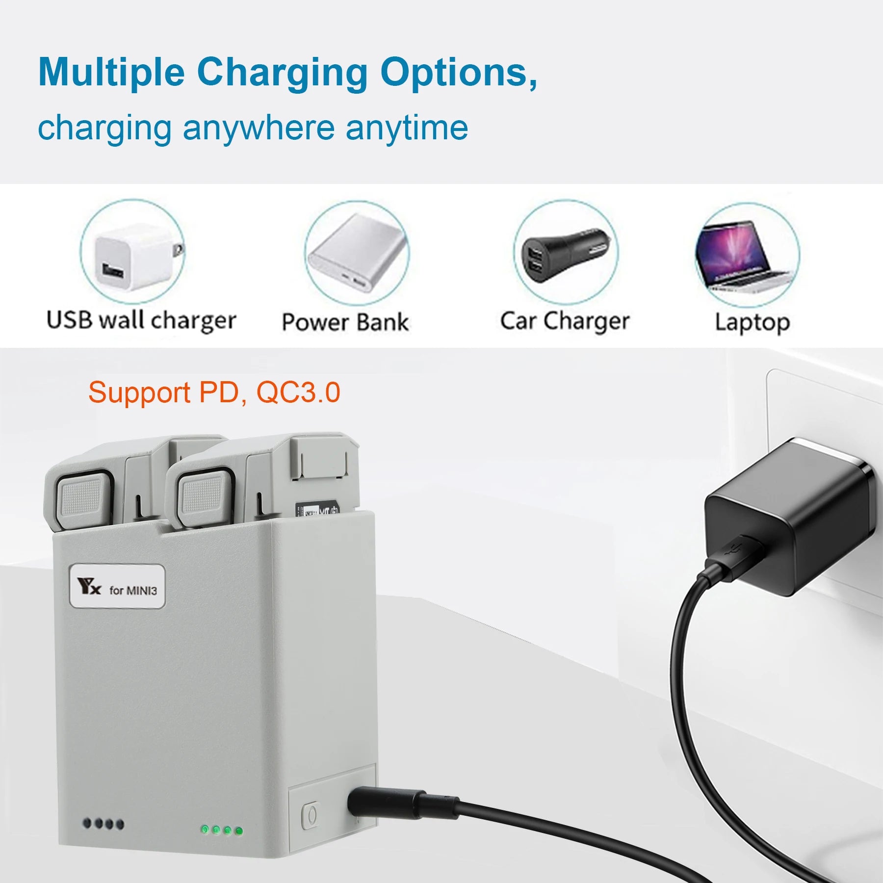 Mini 2/Mini SE Batterieladegerät Zwei-Wege-Ladestation Drohnenbatterien USB-Ladegerät für DJI Mini 2/Mini SE Zubehör Modulare Batterie 28 Multiple Charging Options, charging anywhere anytime USB wall charger Power Bank Car Charger Laptop Support