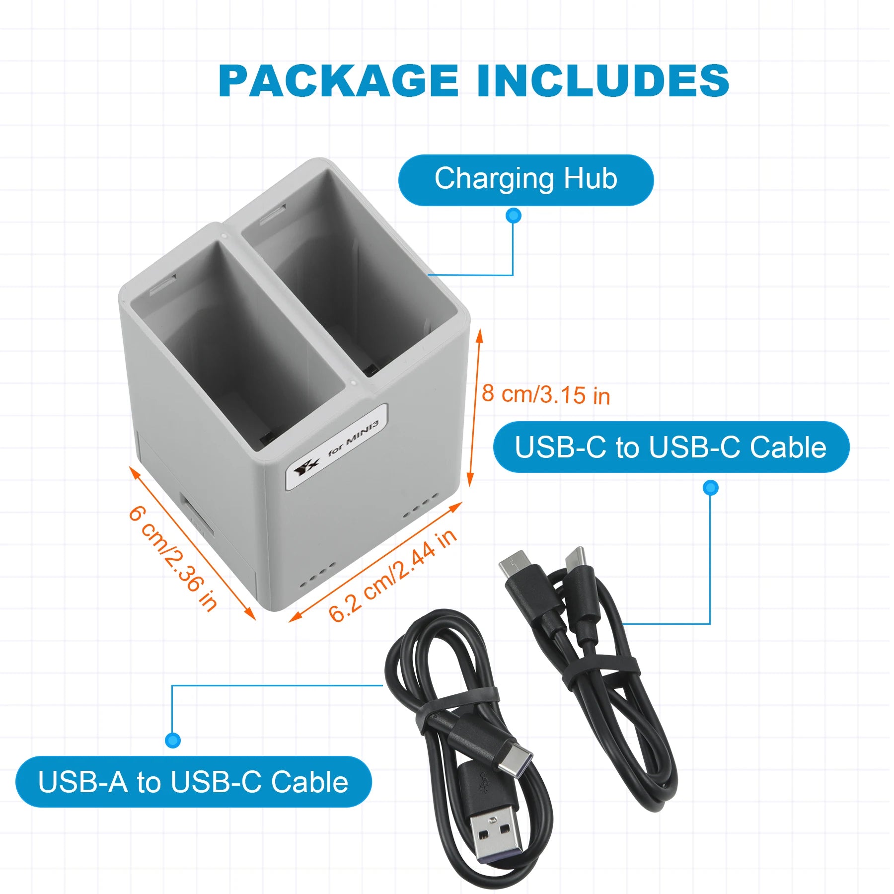 Mini 2/Mini SE Batterieladegerät Zwei-Wege-Ladestation Drohnenbatterien USB-Ladegerät für DJI Mini 2/Mini SE Zubehör Modulare Batterie 30 PACKAGE INCLUDES Charging Hub cm/3.15 in USB-C to USB