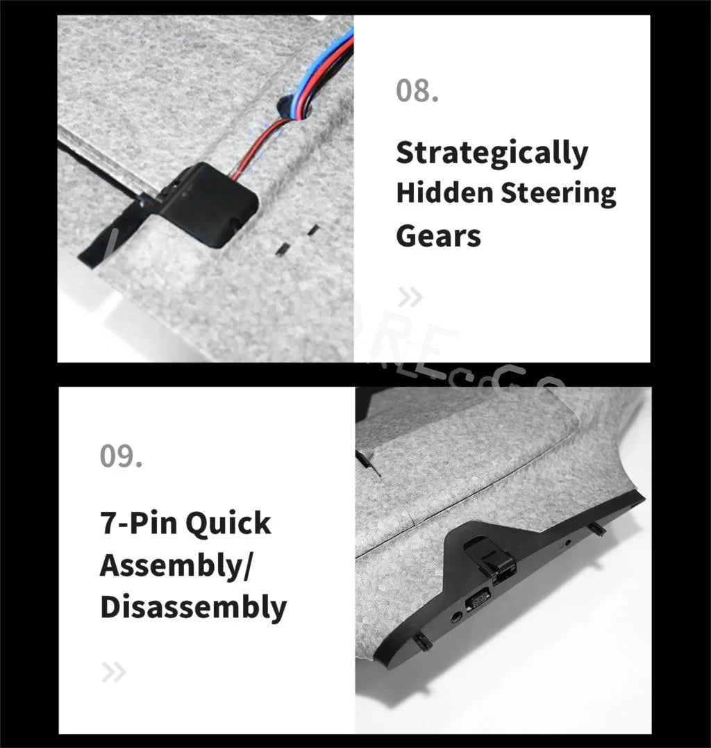 OMPHOBBY ZMO VTOL RC AirPlane , 08 Strategically Hidden Steering Gears 09 7-Pin Quick Assemblyl Disa