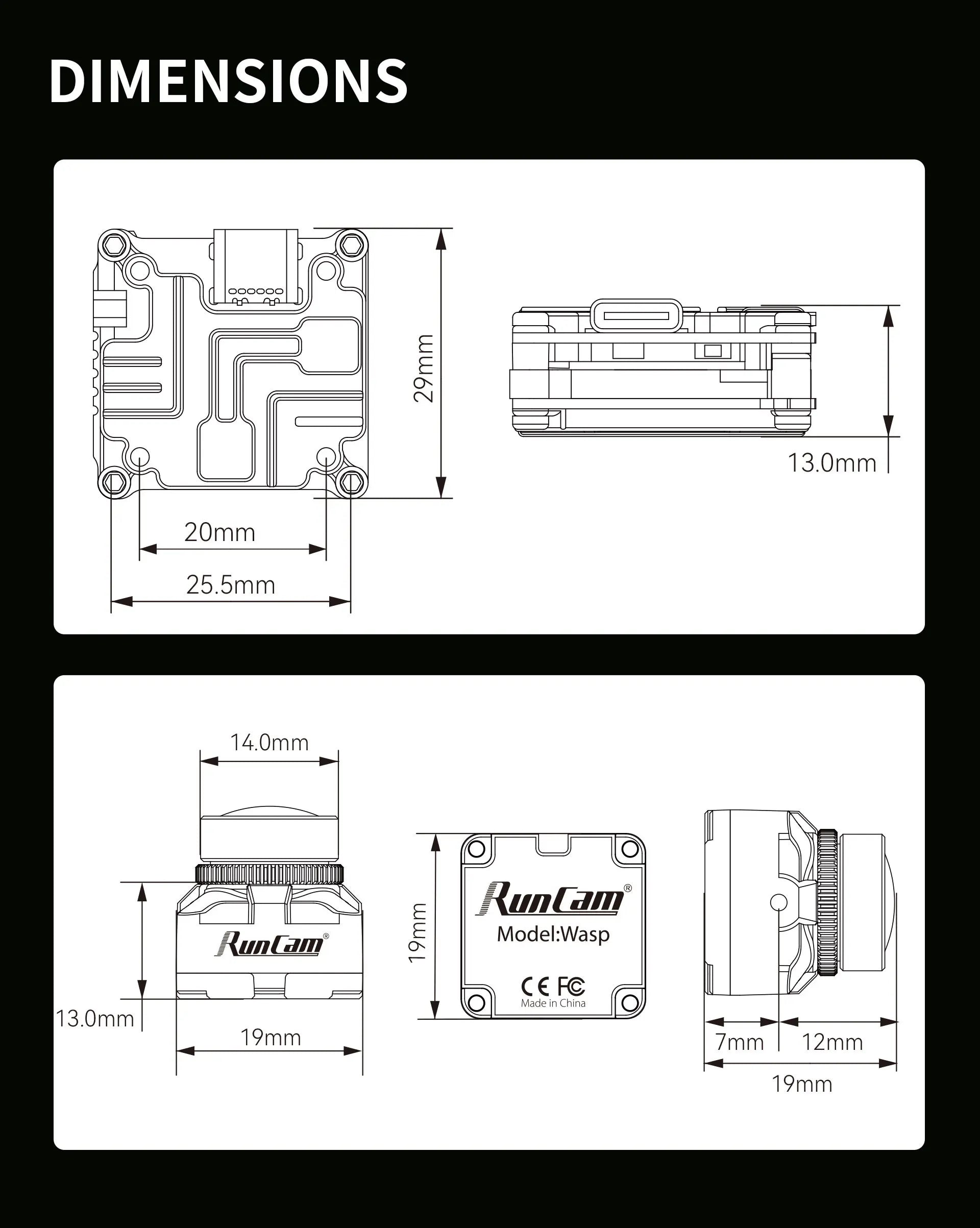 RunCam Link Wasp, DIMENSIONS Oo 8 13.Omm 2 Omm 25.5mm 14.Omm