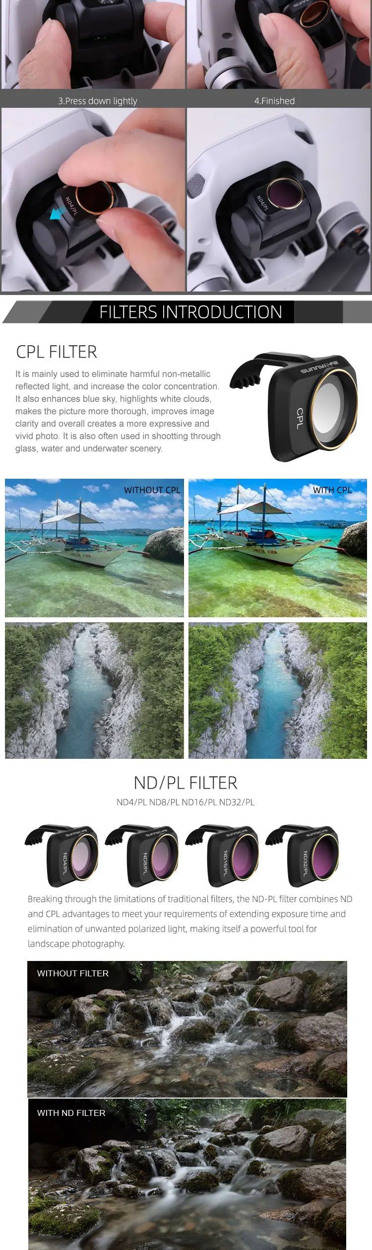 Camera, CPL FILTER is mainly used to eliminate harmful non-metallic reflected light