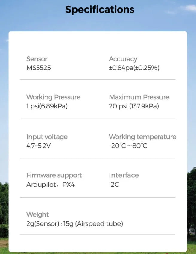 CUAV MS5525 Airspeed Sensor, Specifications Sensor Accuracy MS5525 #0.84pa(t0.25%)
