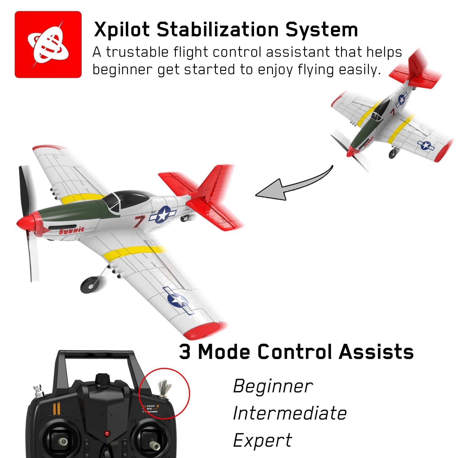 P51D RC-Flugzeug – 2-Kanal/4-Kanal-Ein-Tasten-Kunstflug-RC-Flugzeug RTF Mustang-Flugzeug mit Xpilot-Stabilisierungssystem (761-5 RTF) 15 P51D RC Airplane, Xpilot Stabilization System trustable flight control assistant that helps beginner started to enjoy flying