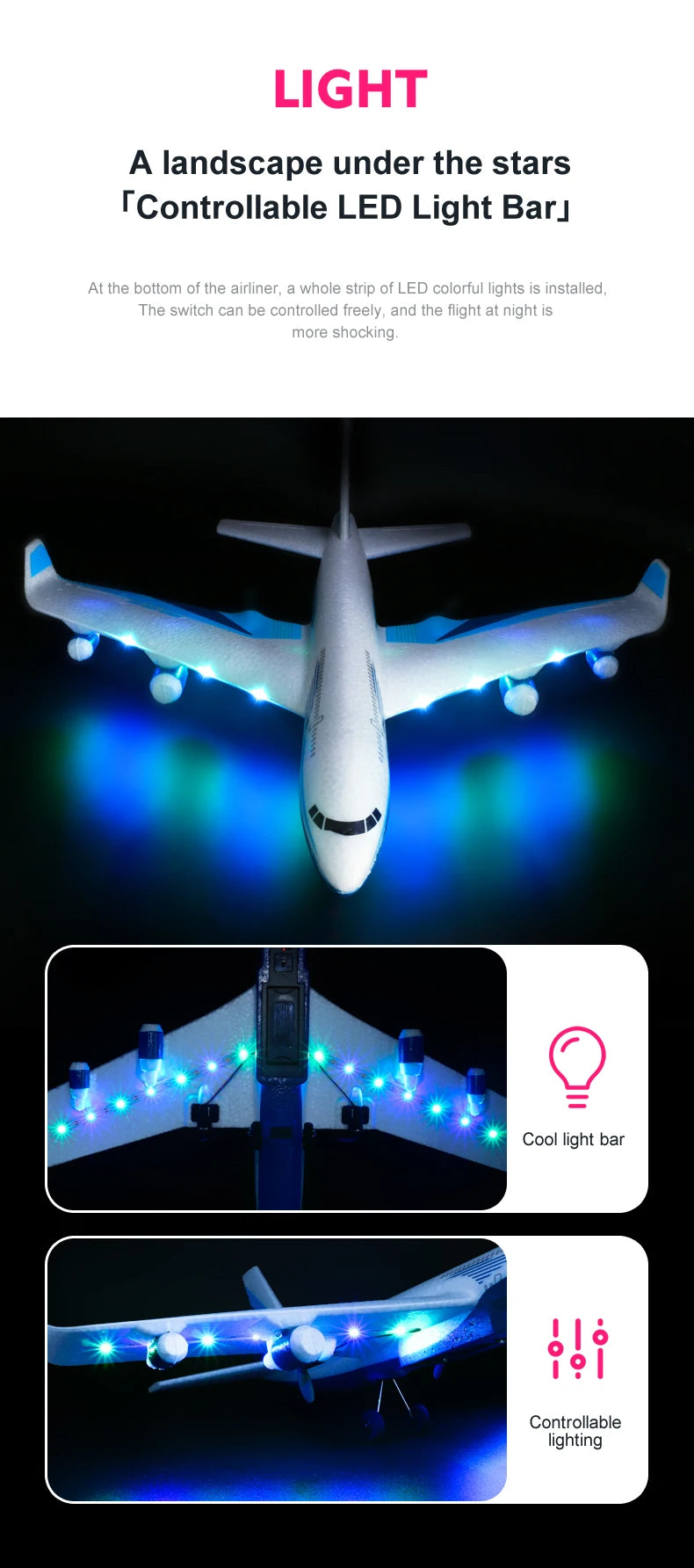 G2 RC Airliner Glider – 2-Kanal-Fernbedienung, Handwurf-Funksteuerung, schaumbeständiges Outdoor-Flugzeugspielzeug 15 G2 RC airliner Glider, a whole strip of LED colorful lights is installed at the bottom of the airliner .