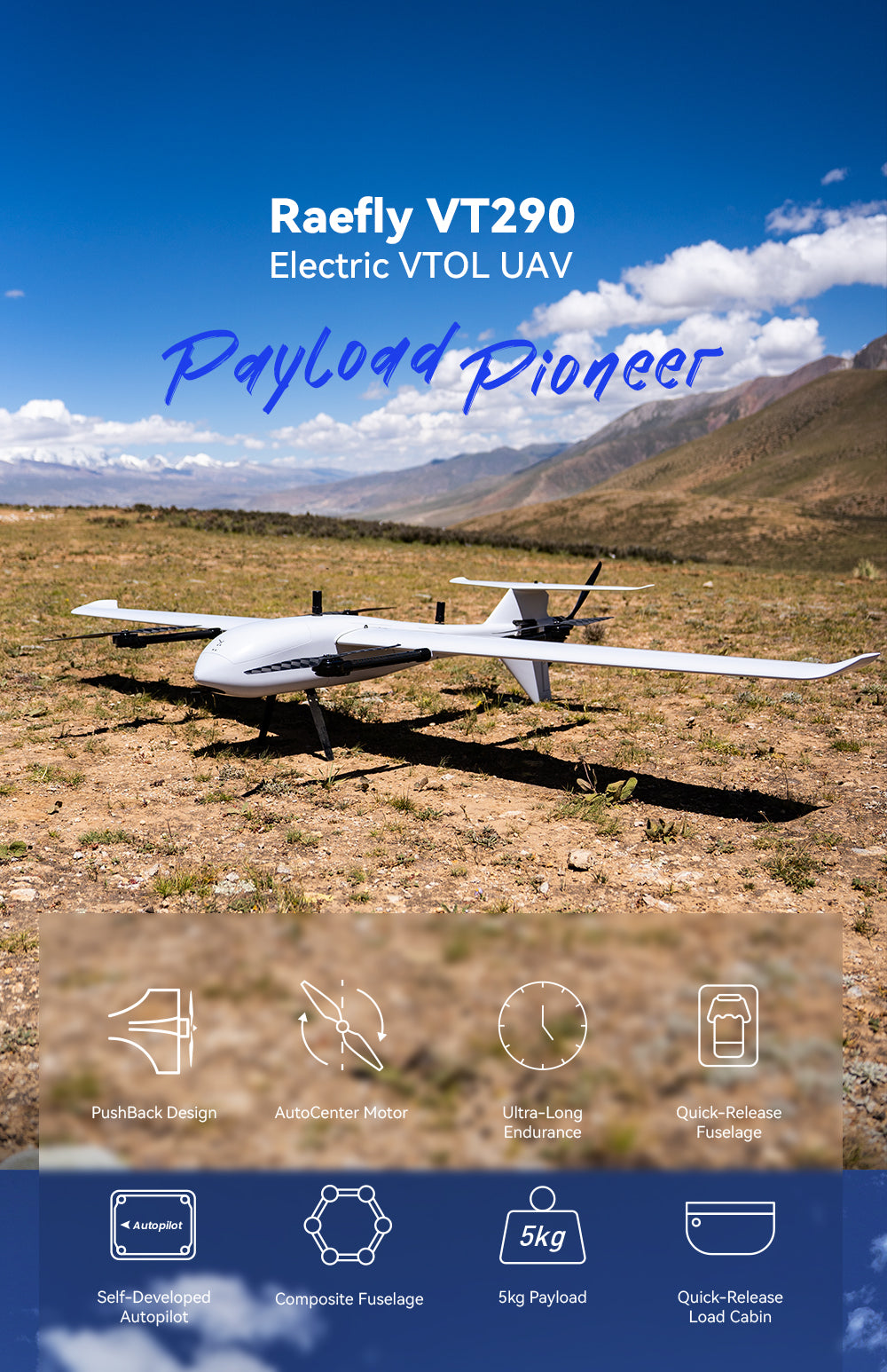 CUAV Raefly VT290 VTOL – 370 km Reichweite, 5 kg Nutzlast, 2900 mm Spannweite, ArduPilot Kohlefaser-Kevlar-Elektro-VTOL-UAV, Starrflügel-Flugzeugdrohne für kartografische Vermessungsinspektion 8 CUAV Raefly VT290 VTOL, Raefly VT290 Electric VTOL UAV Paylo4d Pine