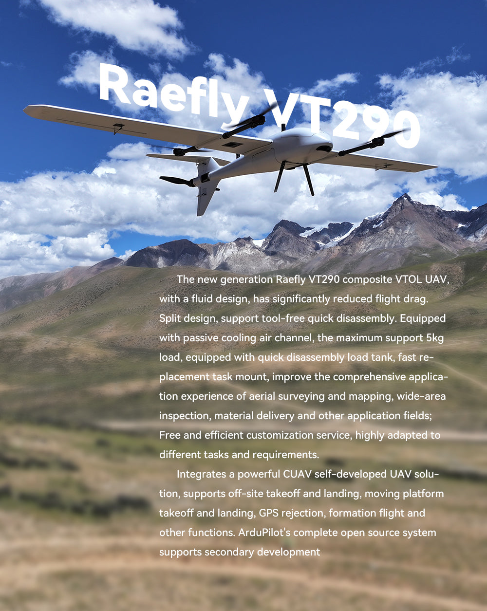CUAV Raefly VT290 VTOL – 370 km Reichweite, 5 kg Nutzlast, 2900 mm Spannweite, ArduPilot Kohlefaser-Kevlar-Elektro-VTOL-UAV, Starrflügel-Flugzeugdrohne für kartografische Vermessungsinspektion 9 CUAV Raefly VT290 VTOL, Raefly VT290 composite VTOL UAV with a fluid design,