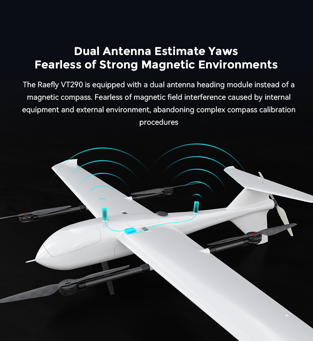 CUAV Raefly VT290 VTOL – 370 km Reichweite, 5 kg Nutzlast, 2900 mm Spannweite, ArduPilot Kohlefaser-Kevlar-Elektro-VTOL-UAV, Starrflügel-Flugzeugdrohne für kartografische Vermessungsinspektion 13 CUAV Raefly VT290 VTOL, the Raefly VT290 is equipped with a dual antenna heading module .