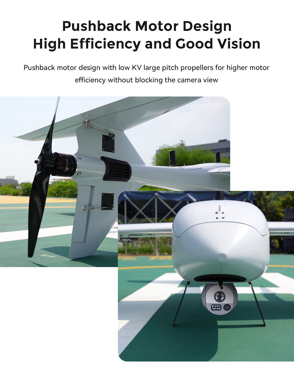 CUAV Raefly VT290 VTOL – 370 km Reichweite, 5 kg Nutzlast, 2900 mm Spannweite, ArduPilot Kohlefaser-Kevlar-Elektro-VTOL-UAV, Starrflügel-Flugzeugdrohne für kartografische Vermessungsinspektion 17 CUAV Raefly VT290 VTOL, low KV large pitch propellers for higher motor efficiency without blocking the camera view .