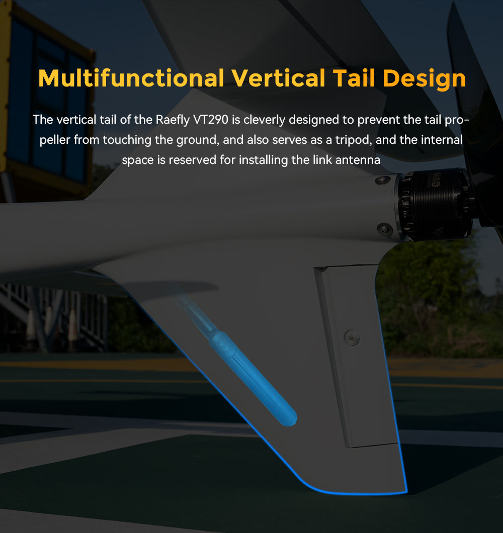 CUAV Raefly VT290 VTOL – 370 km Reichweite, 5 kg Nutzlast, 2900 mm Spannweite, ArduPilot Kohlefaser-Kevlar-Elektro-VTOL-UAV, Starrflügel-Flugzeugdrohne für kartografische Vermessungsinspektion 19 CUAV Raefly VT290 VTOL, the vertical tail of the Raefly VT290 is cleverly designed to prevent the