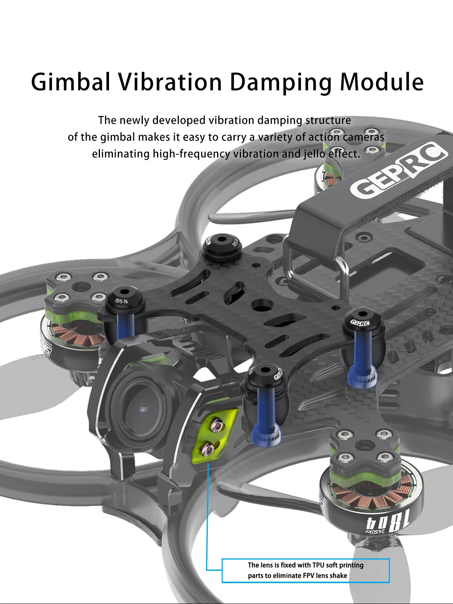 GEPRC Cinebot30 FPV Drone, gimbal's vibration damping structure eliminates high-frequency vibration and j