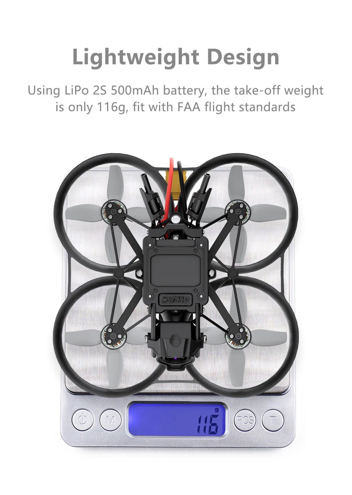 GEPRC DarkStar20 WTFPV, Lightweight Design LiPo 2S 50OmAh battery, the take-off weight is