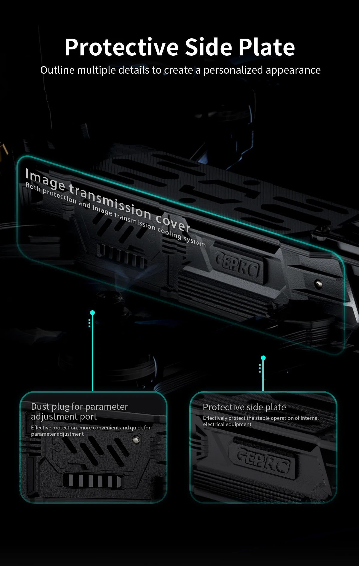 GEPRC MOZ7 HD O3 - Long Range FPV, GEPRC MOZ7 HD O3, Protective Side Plate Outline multiple details to create a personalized appearance . Dust plug for