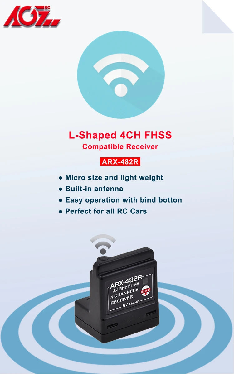 AGFRC ARX-482R 4CH FHSS Interner Antennenempfänger, kompatibel mit FH3/FH4T. Für Fernbedienung M12 M11X EXZES X MT-4 GEMINI X MT-S MT-4 12 KC L-Shaped 4CH FHSS Compatible Receiver ARX-482