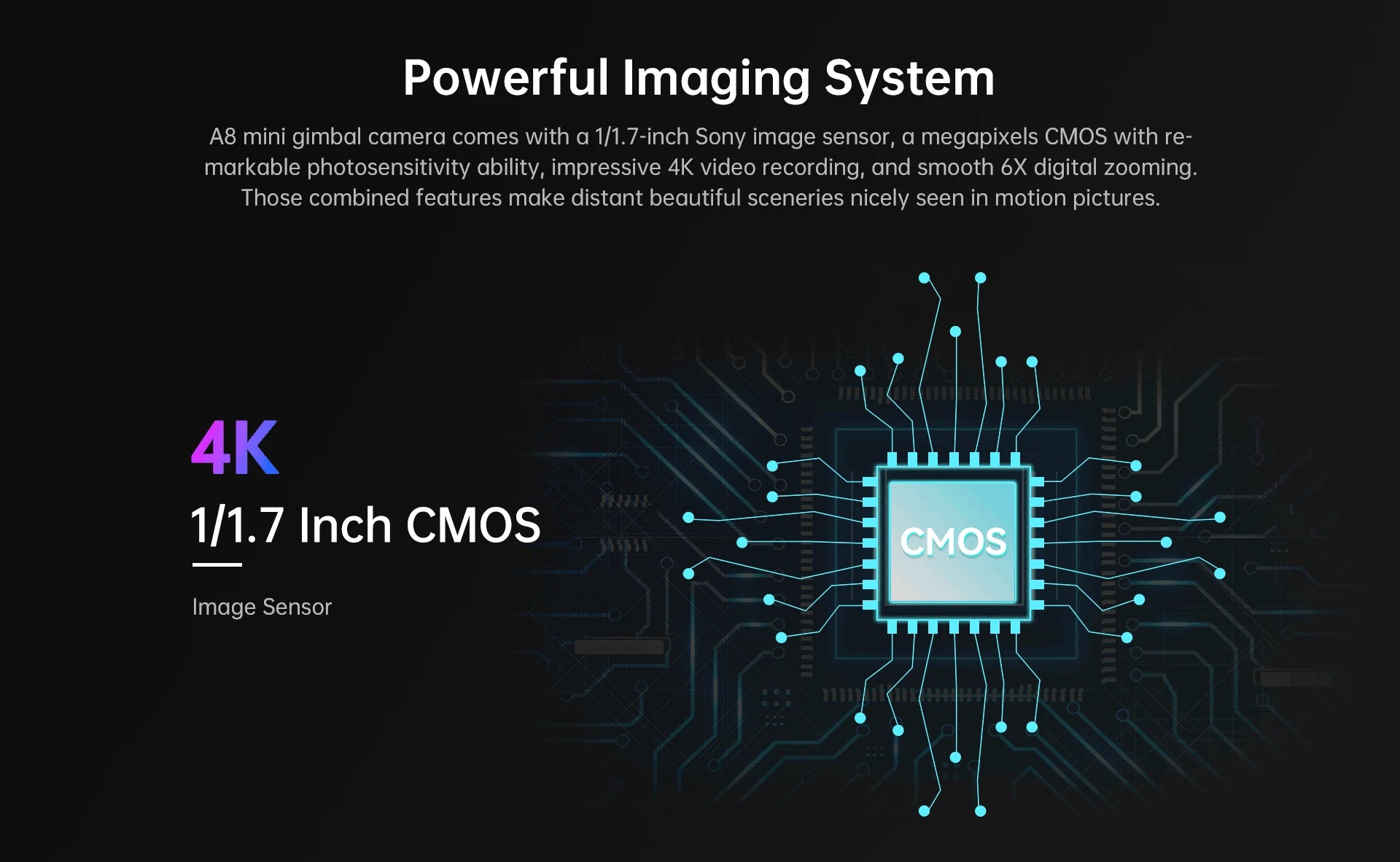 SIYI A8 mini 4K AI 8MP Ultra HD 6X Digitalzoom Gimbal-Kamera mit DVR 1/1,7 Zoll Sony Sensor 95g Leichtgewicht 55x55x70mm 13 Powerful Imaging System A8 mini gimbal camera comes with a 1/1.7
