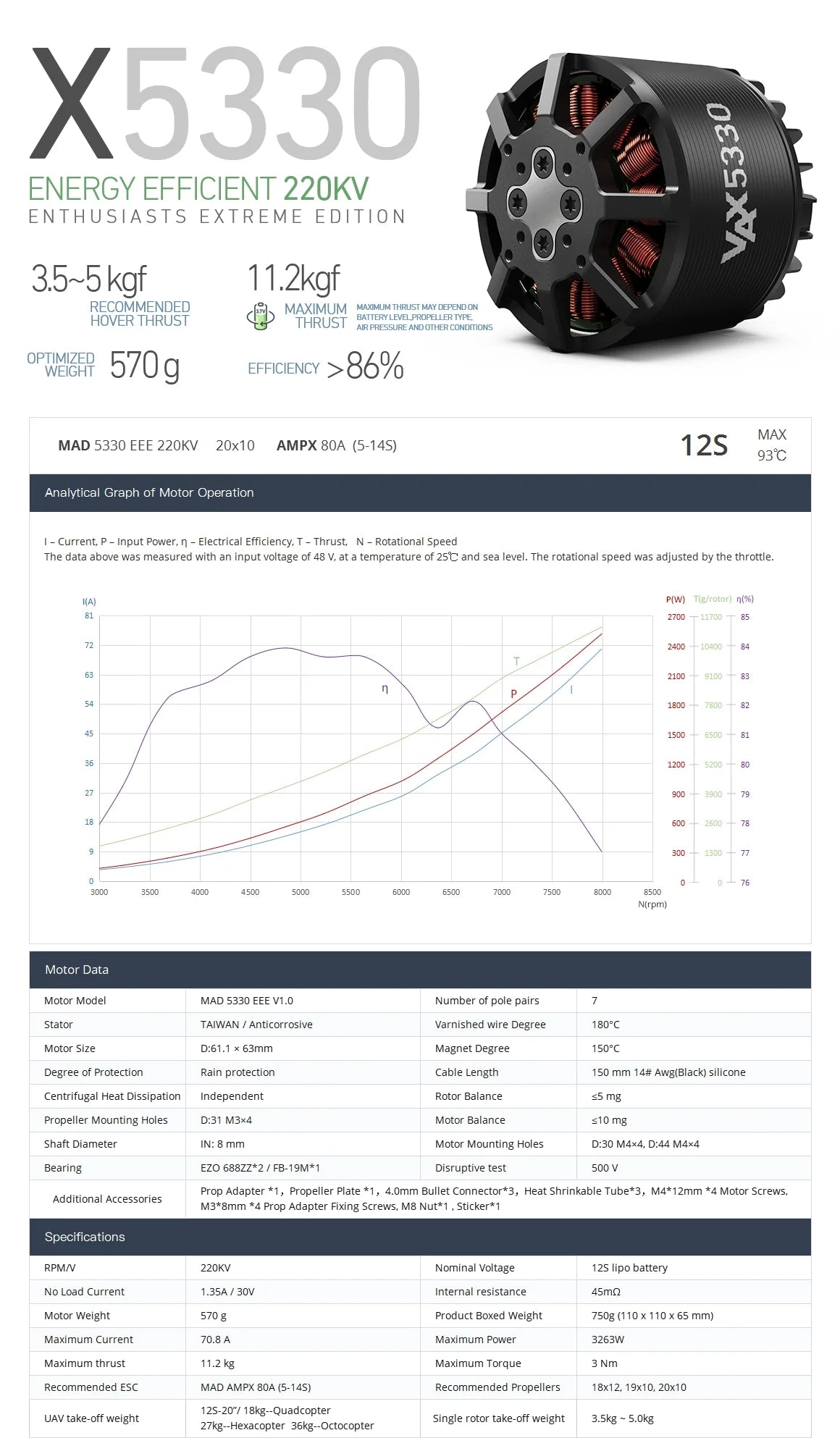 MAD VAX 5330 VTOL Drone Motor, High-performance drone motor with thrust bearing for VTOL aircraft and X-class frames.