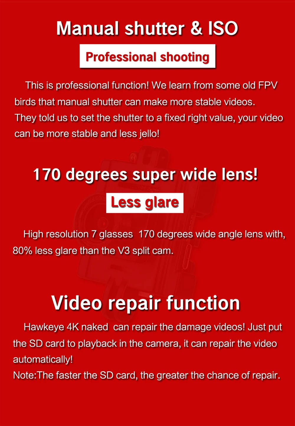 Hawkeye Firefly Nakedcam/Splite FPV Camera Drone, manual shutter can make more stable videos . the faster the SD card, the greater the chance