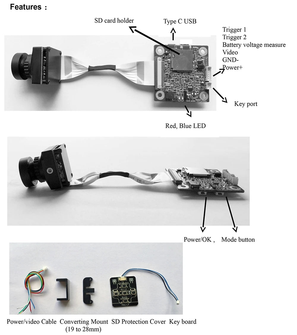 Hawkeye Firefly Nakedcam/Splite FPV Camera Drone, Features SD card holder Type €C USB Trigger Trigger 2 Battery voltage measure Video G