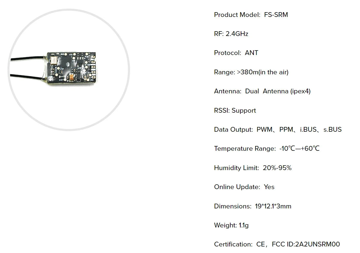 Flysky FS-SRM 2.4G ANT Receiver, FS-SRM RF: 2.4GHz Protocol: ANT Range: >38