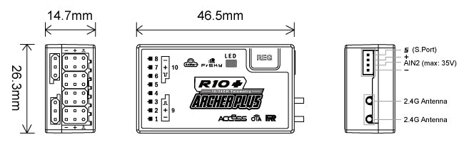 FrSky ARCHER PLUS R10+ Empfänger – 10 konfigurierbare Kanalports (PWM, SBUS, FBUS oder S.Port) 2,4 GHz ACCESS / ACCST D16 5 FrSky ARCHER PLUS R10+ receiver, 1 R1O Eawebnlis 246 Antenna POESS on