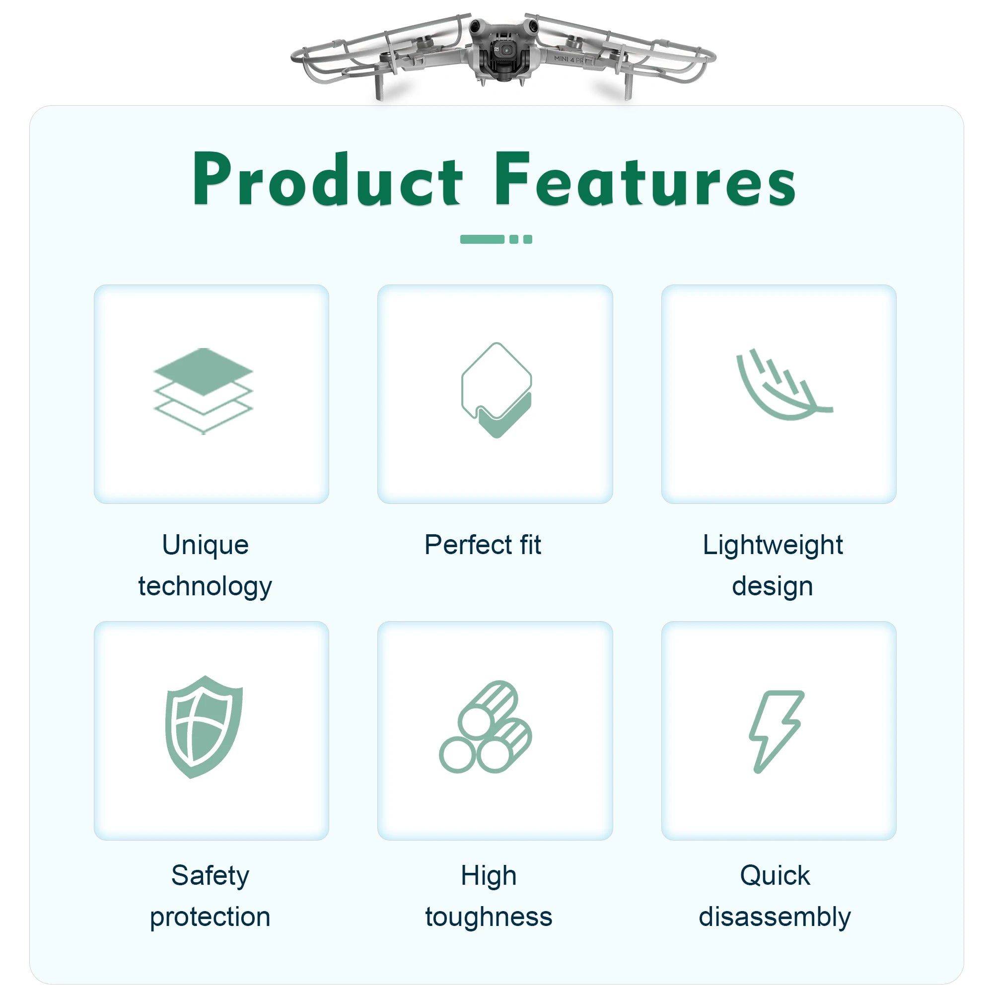 For DJI Mini 4 Pro Propeller Guard, MINI 4 PRE Product Features Unique Perfect fit Lightweight technology design Safety High Quick protection toughness dis