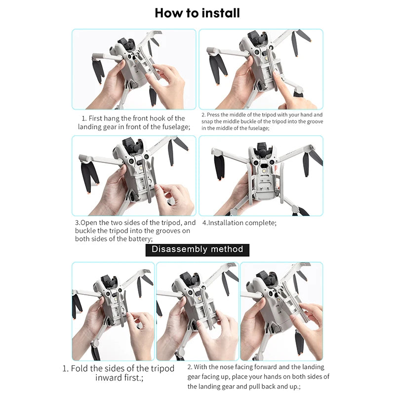 For DJI Mini 4 Pro Propeller Guard, snap tne middle buckle = the tripod into the groove landing in front of the fuse