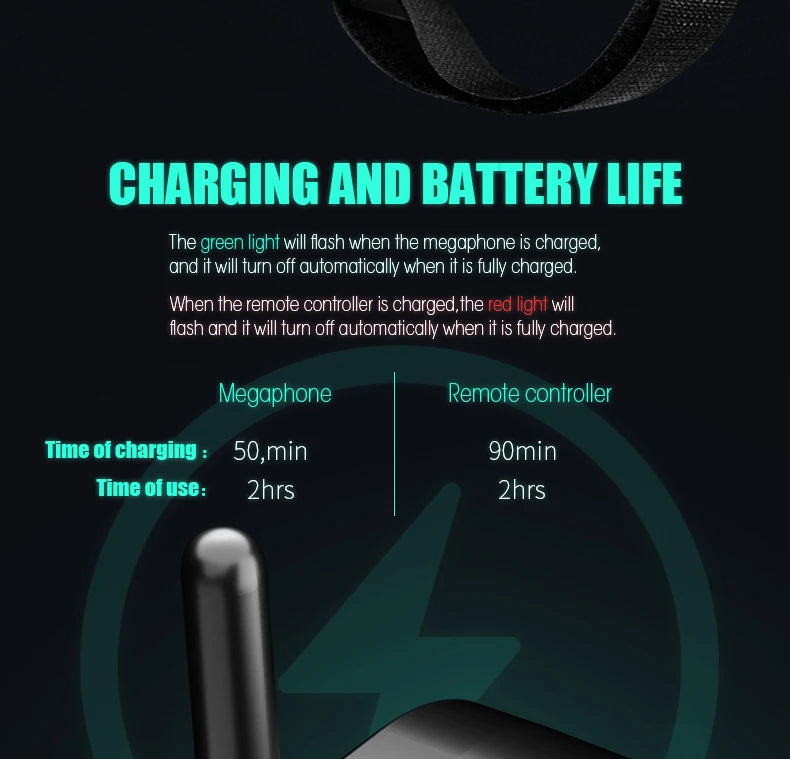 Drone Speaker Megaphone, CHARGING AND BATTERY LIFE The green light will flash when the mega