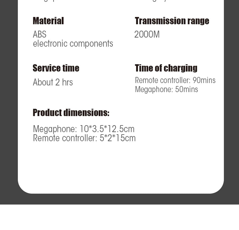 Drone Speaker Megaphone, Material Transmission range ABS 2OOOM electronic components Service time Time of charging About 2 hrs Remote