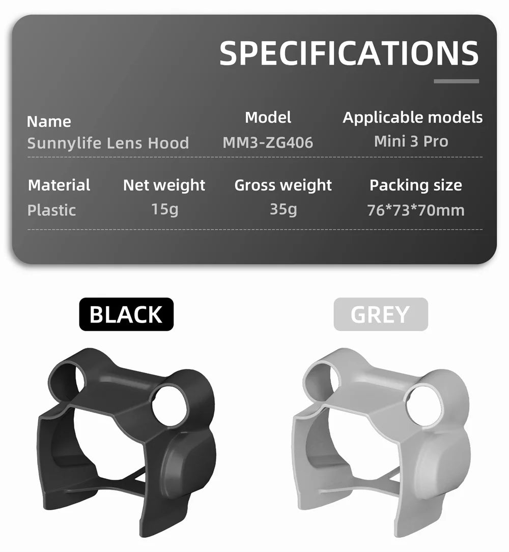 For DJI Mini 3 Pro Lens Cap Sunshade Protector Cover Lens Hood Anti-glare Sunhood Gimbal Case Guard Drone Fixer Accessories 27 SPECIFICATIONS Name Model Applicable models Sunnylife Lens Hood MM3