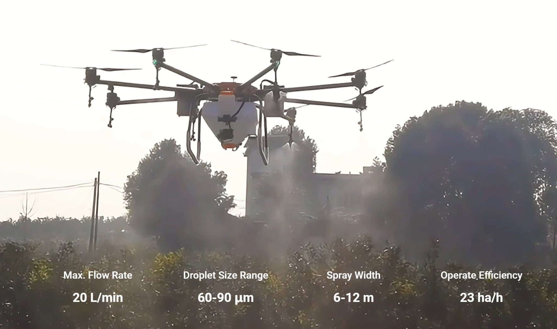 H120 Landwirtschaftsdrohne – 52-Liter-Wassertank-Sprühsystem / 60-kg-Nutzlastverteilungssystem 9 H120 Agriculture Drone, Max. Flow Rate Droplet Size Range Spray Width Operate Efficiency 20 L