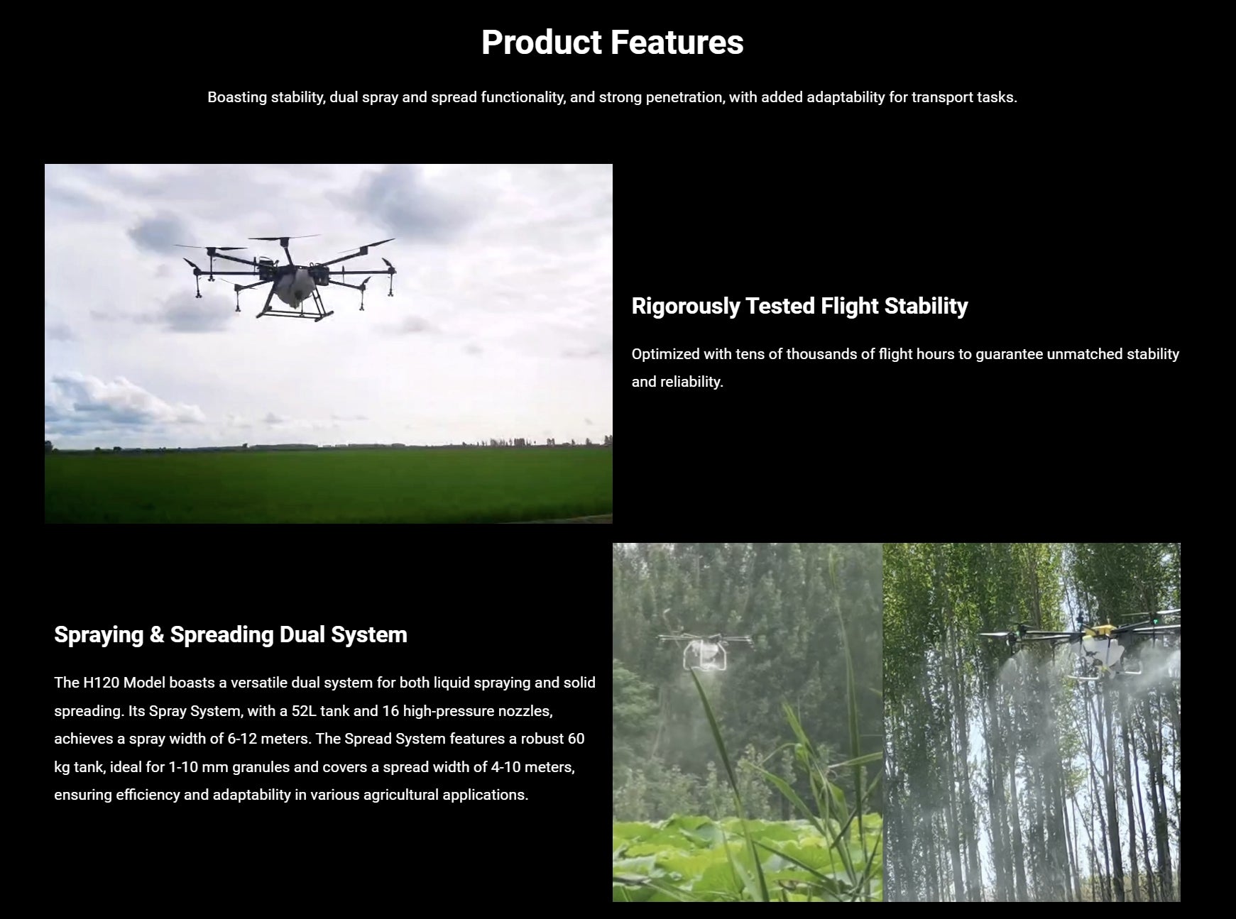 H120 Landwirtschaftsdrohne – 52-Liter-Wassertank-Sprühsystem / 60-kg-Nutzlastverteilungssystem 10 H120 Agriculture Drone, the H120 model boasts a versatile dual system for both liquid spraying and solid spreading