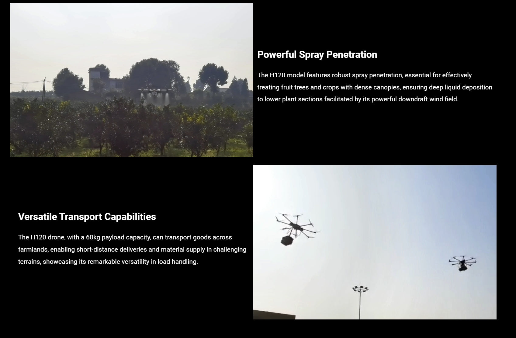 H120 Landwirtschaftsdrohne – 52-Liter-Wassertank-Sprühsystem / 60-kg-Nutzlastverteilungssystem 11 H120 Agriculture Drone, powerful spray penetration essential for treating fruit trees and crops . powerful downdraft wind field
